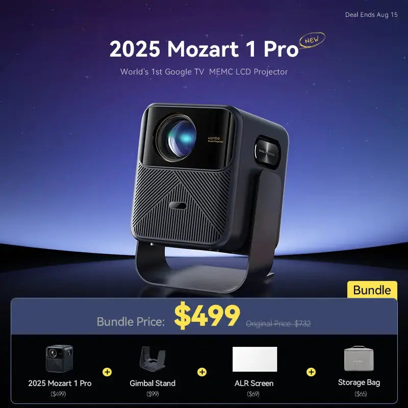 Special $499 bundle for the Wanbo 2025 Mozart 1 Pro MEMC projector, featuring a gimbal stand, ALR screen, and storage bag.